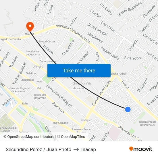 Secundino Pérez / Juan Prieto to Inacap map