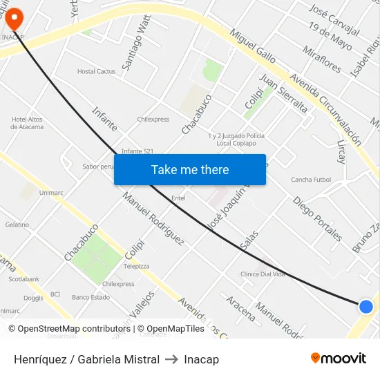 Henríquez / Gabriela Mistral to Inacap map