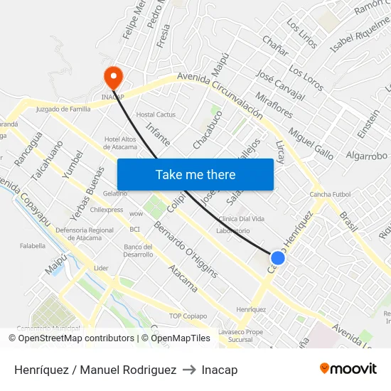 Henríquez / Manuel Rodriguez to Inacap map