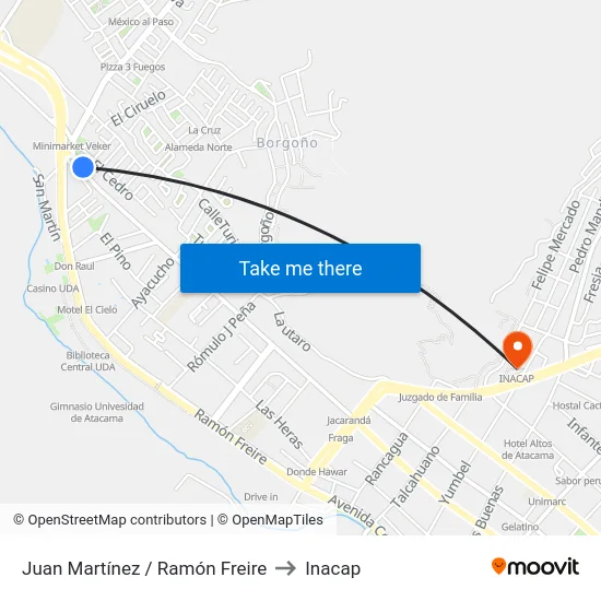 Juan Martínez / Ramón Freire to Inacap map