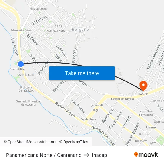 Panamericana Norte / Centenario to Inacap map