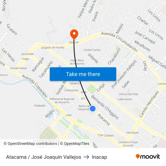 Atacama / José Joaquín Vallejos to Inacap map