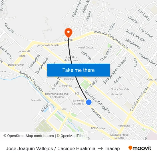 José Joaquín Vallejos / Cacique Hualimia to Inacap map