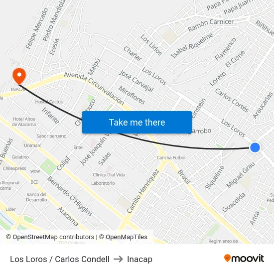 Los Loros / Carlos Condell to Inacap map