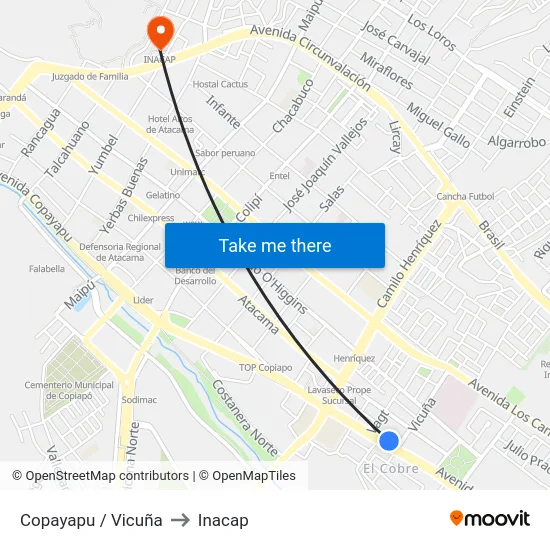 Copayapu / Vicuña to Inacap map