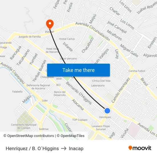 Henríquez / B. O´Higgins to Inacap map