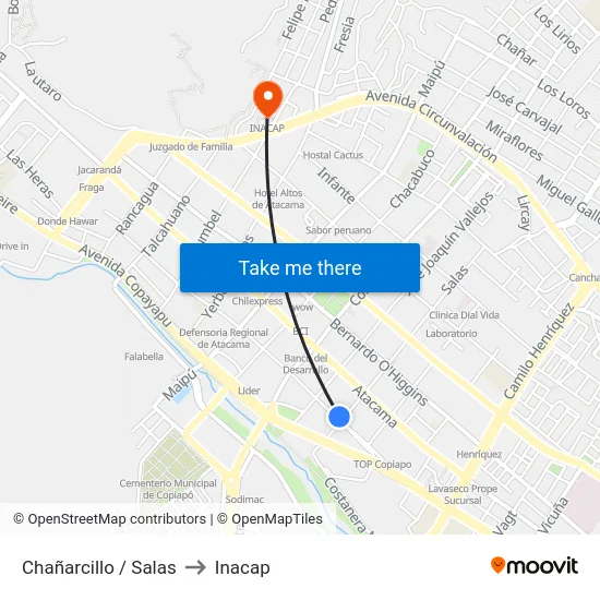 Chañarcillo / Salas to Inacap map