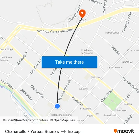 Chañarcillo / Yerbas Buenas to Inacap map