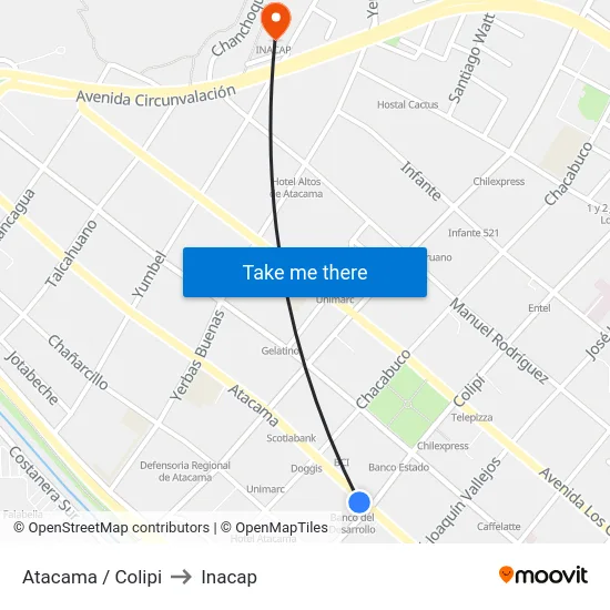 Atacama / Colipi to Inacap map