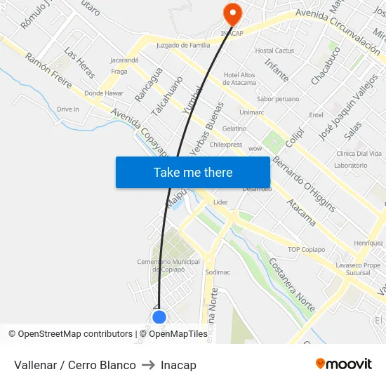 Vallenar / Cerro Blanco to Inacap map