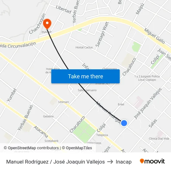 Manuel Rodríguez / José Joaquín Vallejos to Inacap map
