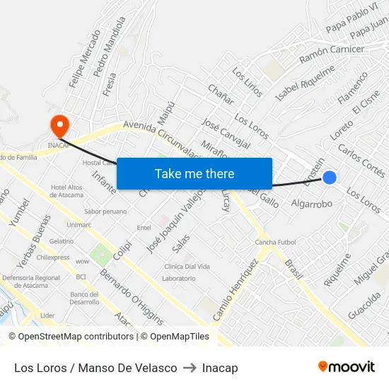 Los Loros / Manso De Velasco to Inacap map