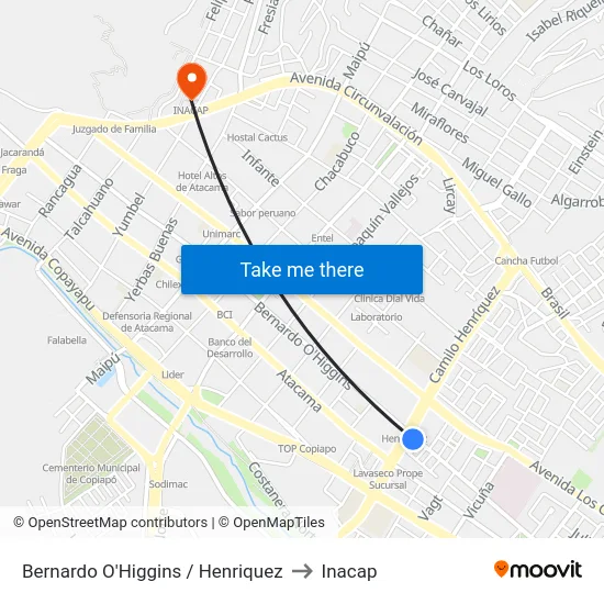 Bernardo O'Higgins / Henriquez to Inacap map