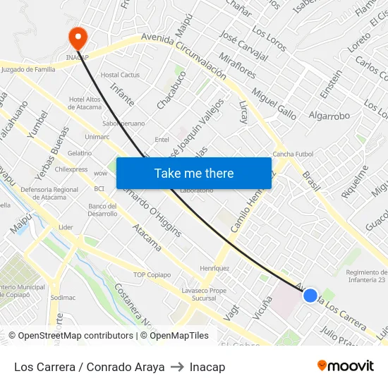Los Carrera / Conrado Araya to Inacap map