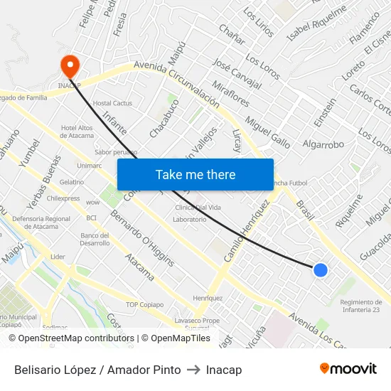 Belisario López / Amador Pinto to Inacap map