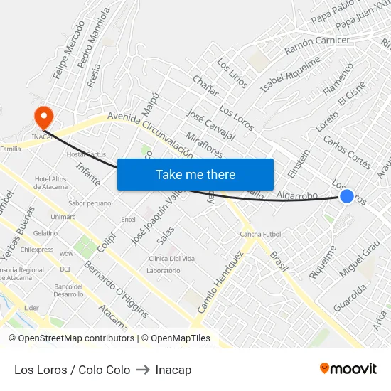 Los Loros / Colo Colo to Inacap map