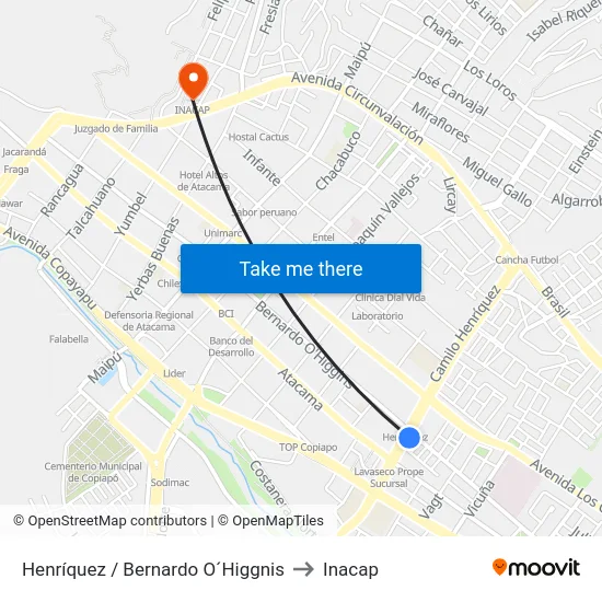 Henríquez / Bernardo O´Higgnis to Inacap map