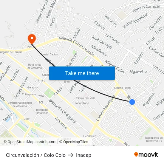 Circunvalación / Colo Colo to Inacap map