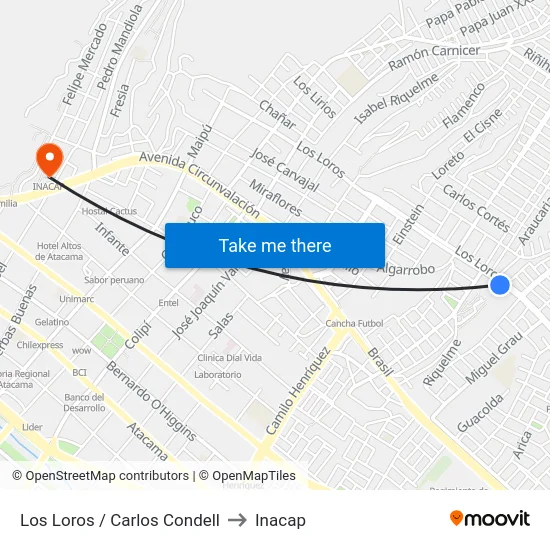 Los Loros / Carlos Condell to Inacap map