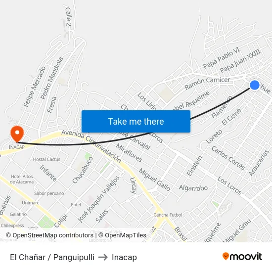 El Chañar / Panguipulli to Inacap map
