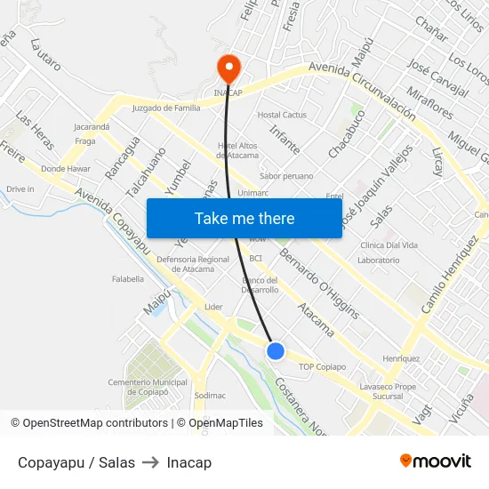 Copayapu / Salas to Inacap map