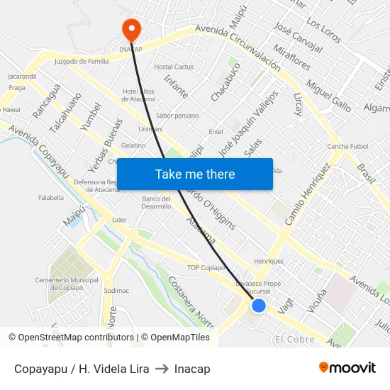 Copayapu / H. Videla Lira to Inacap map