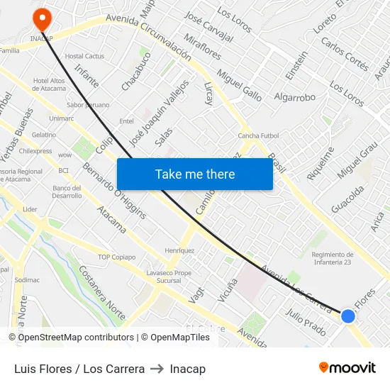 Luis Flores / Los Carrera to Inacap map