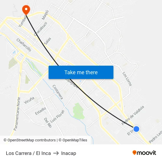 Los Carrera / El Inca to Inacap map