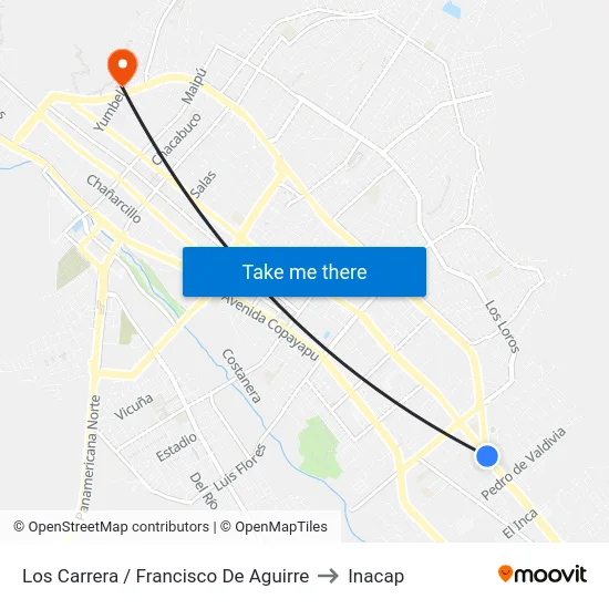 Los Carrera / Francisco De Aguirre to Inacap map