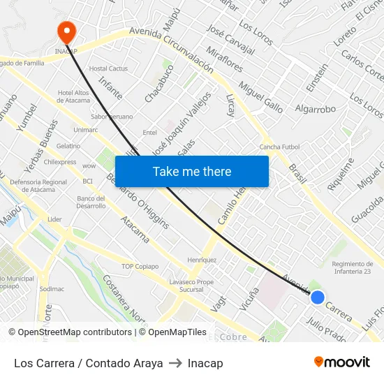 Los Carrera / Contado Araya to Inacap map