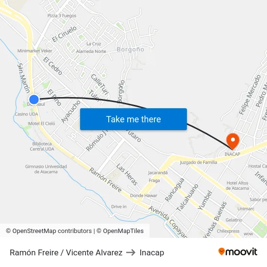 Ramón Freire / Vicente Alvarez to Inacap map