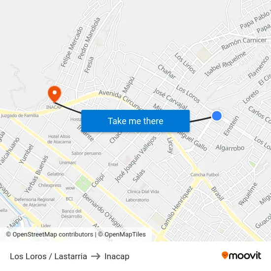 Los Loros / Lastarria to Inacap map