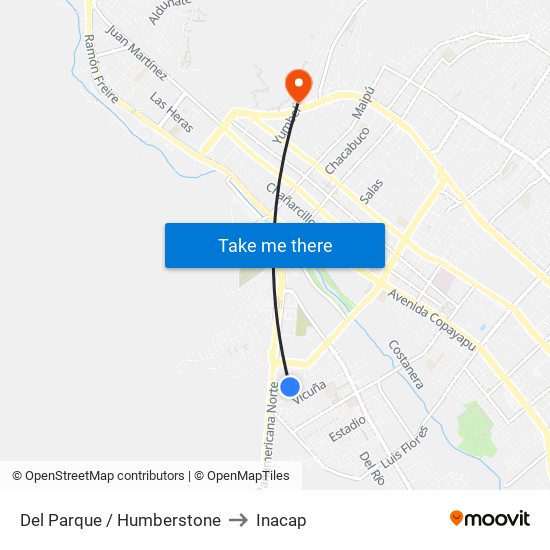 Del Parque / Humberstone to Inacap map