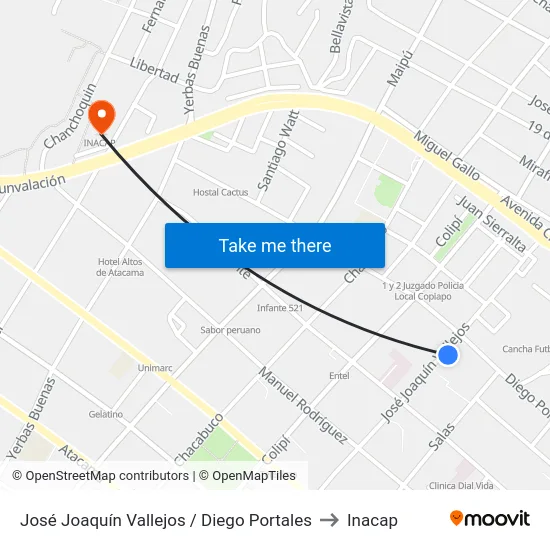 José Joaquín Vallejos / Diego Portales to Inacap map