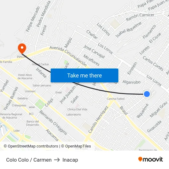 Colo Colo / Carmen to Inacap map