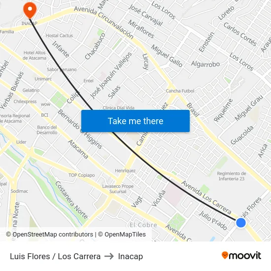 Luis Flores / Los Carrera to Inacap map