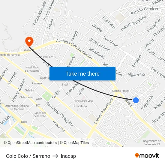 Colo Colo / Serrano to Inacap map