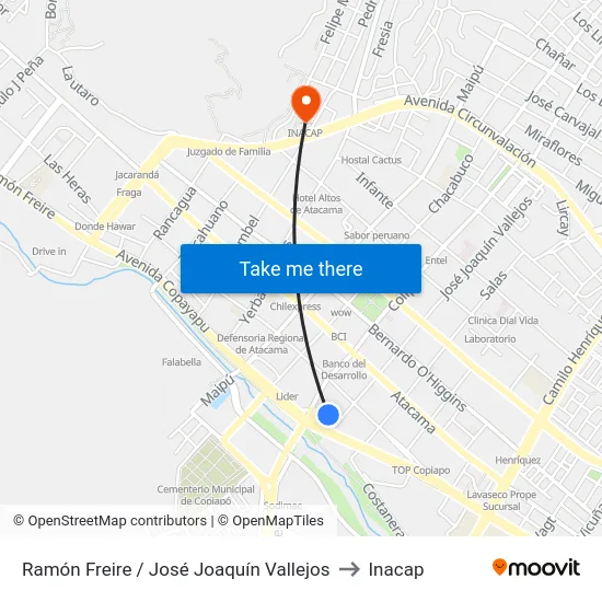 Ramón Freire / José Joaquín Vallejos to Inacap map