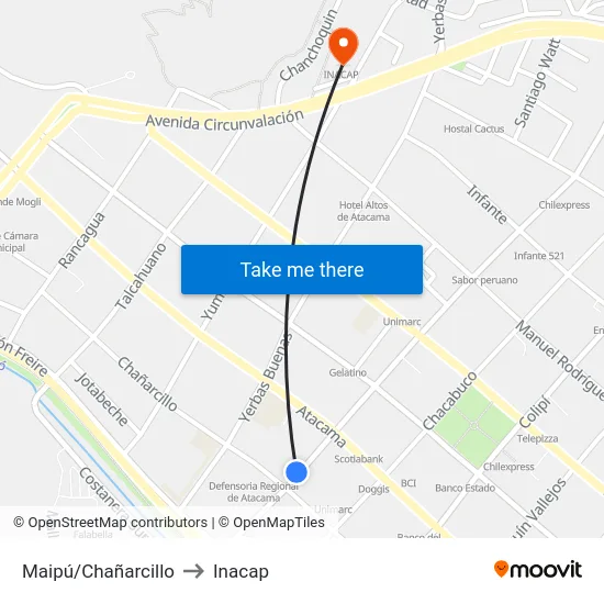 Maipú/Chañarcillo to Inacap map