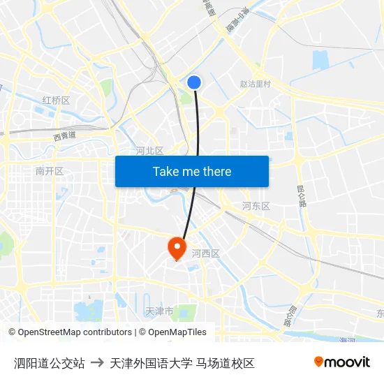 泗阳道公交站 to 天津外国语大学 马场道校区 map