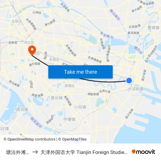 塘沽外滩公园 to 天津外国语大学 Tianjin Foreign Studies University map