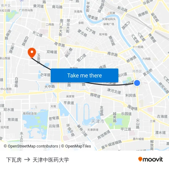 下瓦房 to 天津中医药大学 map