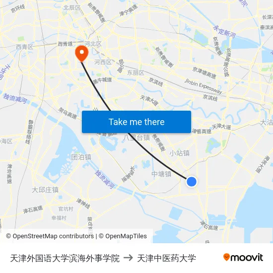 天津外国语大学滨海外事学院 to 天津中医药大学 map