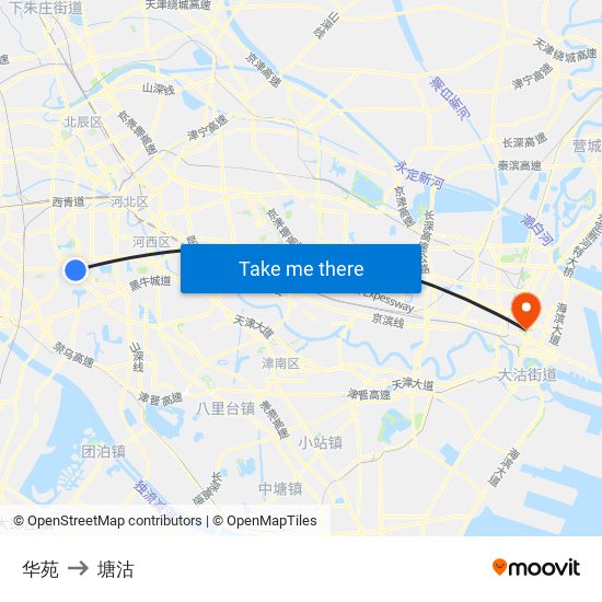 华苑 to 塘沽 map