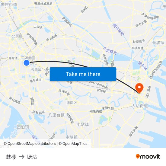 鼓楼 to 塘沽 map