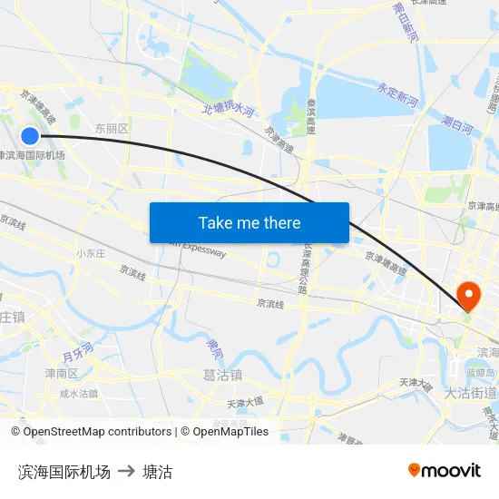 滨海国际机场 to 塘沽 map