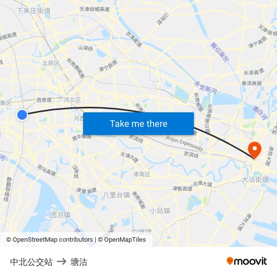 中北公交站 to 塘沽 map