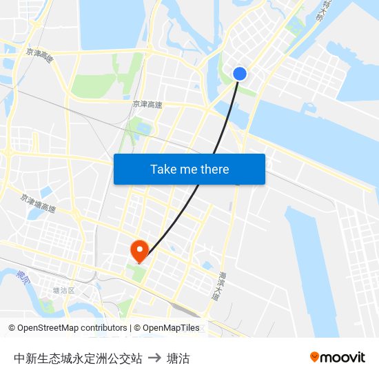 中新生态城永定洲公交站 to 塘沽 map