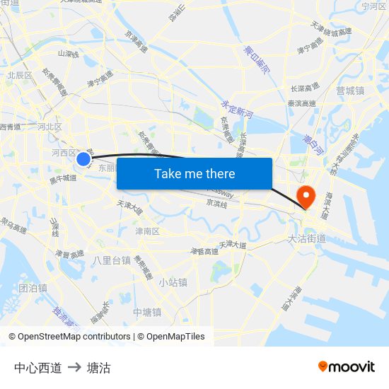 中心西道 to 塘沽 map