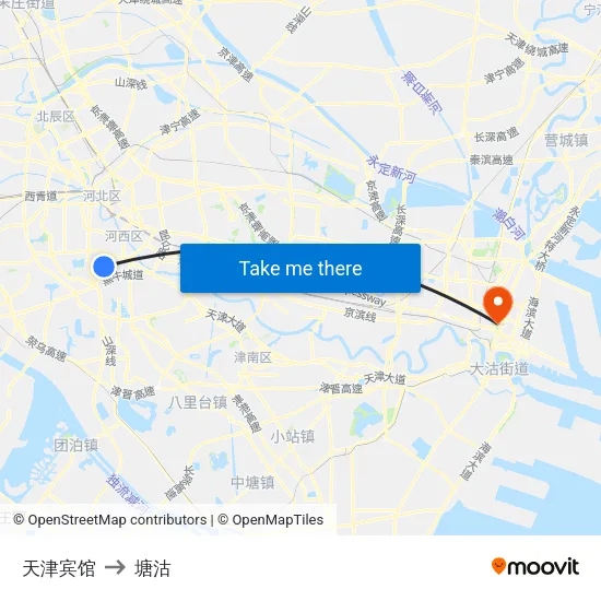 天津宾馆 to 塘沽 map